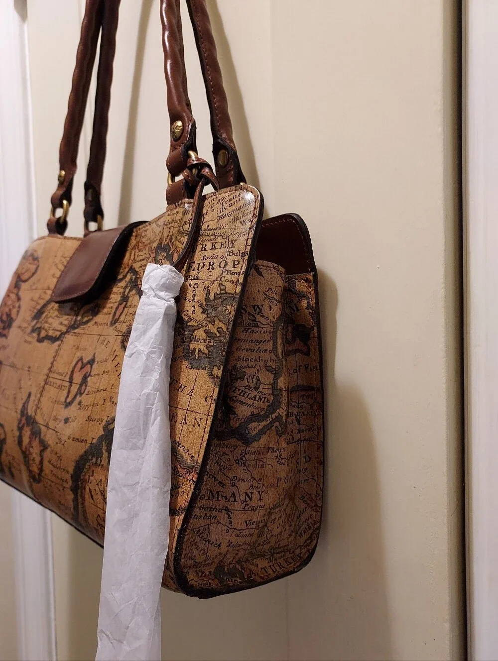 Patricia Nash Rienzo Euo Map Shoulder Leather Bag with Tassel.